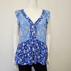 Ann Taylor Loft Floral Babydoll Blouse Size M Blue Floral Ruffle Sleeve V-Neck
